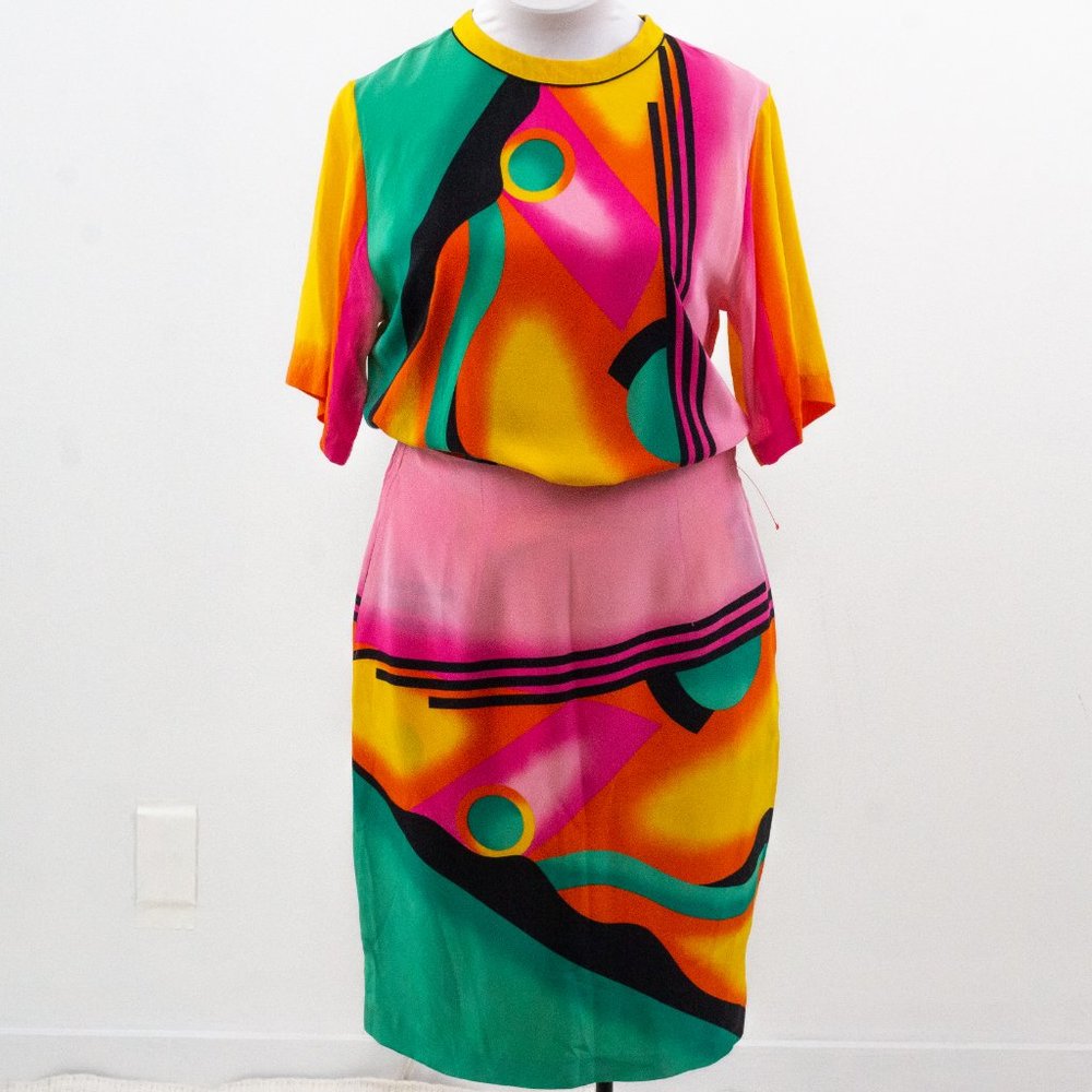 Vintage 80s M/L Silk 2-Piece Skirt Suit Set Neon - Picture 15 of 16